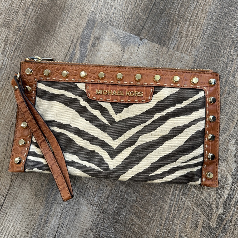 Michael Kors Zebra Pattern Wristlet with Brown and Gold Accents